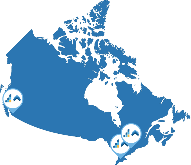 Map of Canada highlighting Vancouver, Ottawa and Waterloo regions