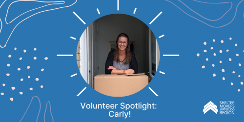 Image of Carly on a blue background. Text: Volunteer Spotlight: Carly