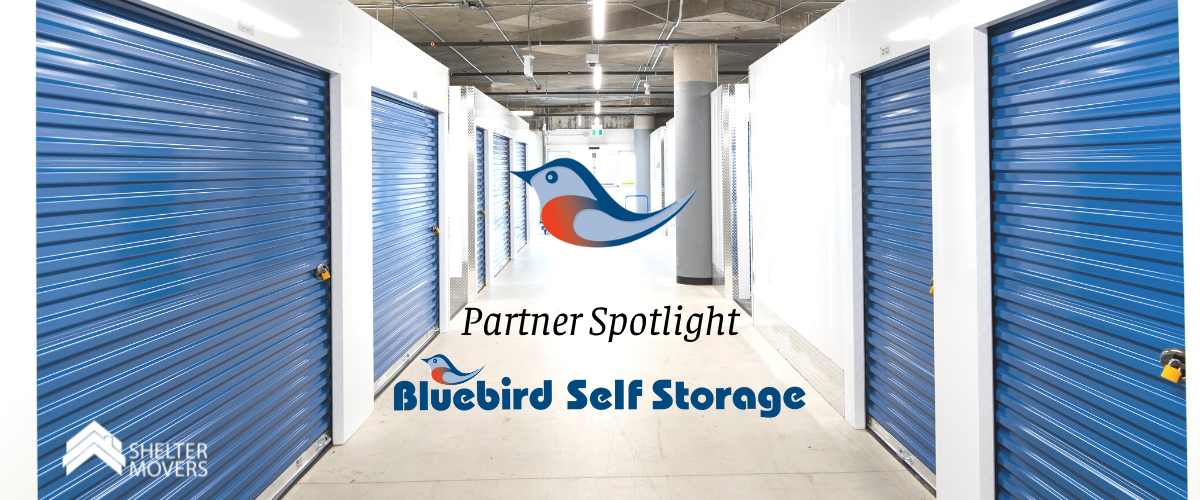 Blue storage units with text over image reading: Partner Spotlight Bluebird Self storage