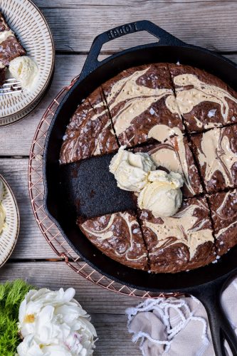 double chocolate salted tahini skillet brownie cookie